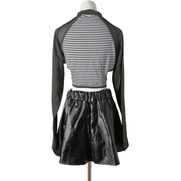 sz:m, black and white striped long-sleeve crop top and black faux leather skirt - Picture 5 of 8